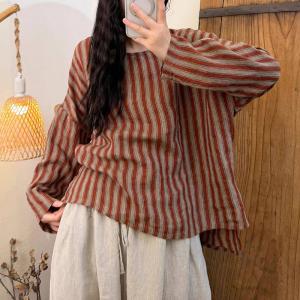 Long Sleeves Vertical Striped Linen Ladies Blouse