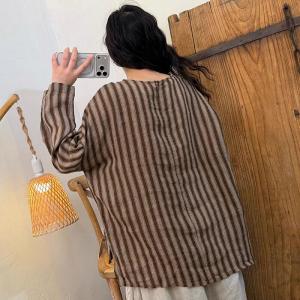 Long Sleeves Vertical Striped Linen Ladies Blouse