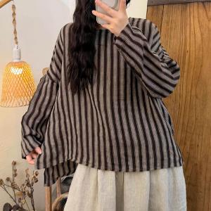 Long Sleeves Vertical Striped Linen Ladies Blouse