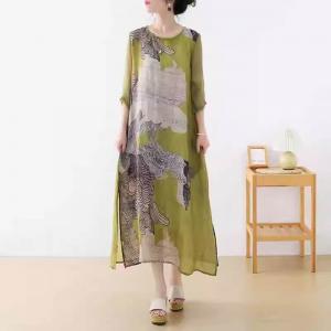Silk Sleeve Painted Linen Wrap Dress Loose Ramie Midi Dress