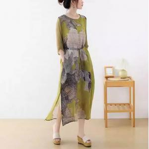 Silk Sleeve Painted Linen Wrap Dress Loose Ramie Midi Dress