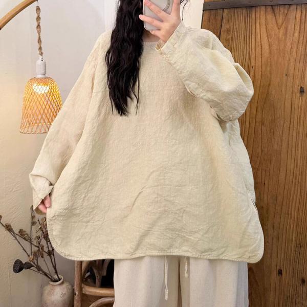 Casual 100% Linen Long Sleeve Round Neck Solid Color Beige Yellow White Reddish Orange comfy oversized slouchy lazy day travel rustic cottagecore hawaiian tropical