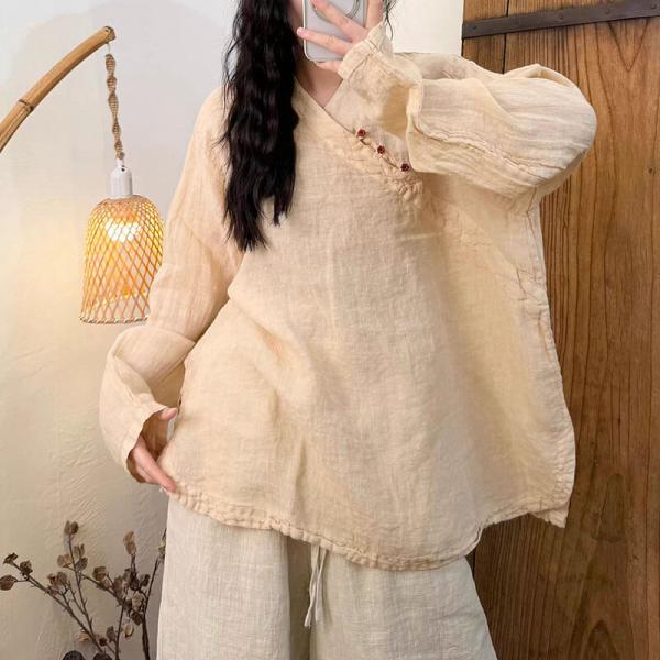 Casual 100% Linen Long Sleeve V-Neck Solid Color Pink Yellow Beige Blue Green comfy oversized lazy day travel cottagecore rustic slouchy tropical monochrome