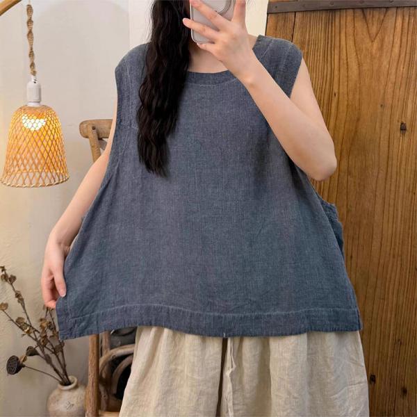 Casual 100% Linen Sleeveless Round Neck Solid Color Blue Caramel tropical hawaiian oversized travel resort