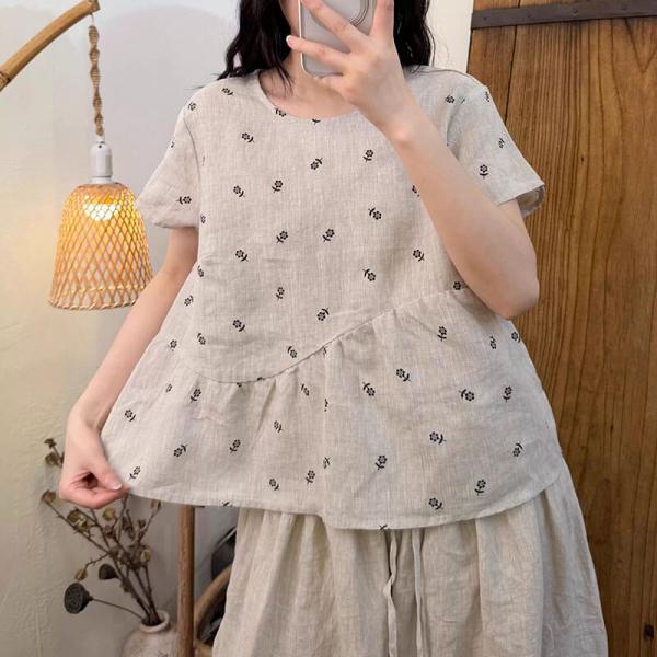 Casual 100% Linen Short Sleeve Round Neck Floral Beige Dusty Pink Navy Blue comfy oversized lazy day petite hawaiian tropical cottagecore rustic