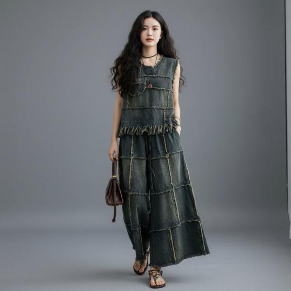 Street 100% Cotton Sleeveless Round Neck Solid Color Dark Blue comfy earthy baggy oversized lazy day monochrome western