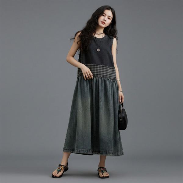 Elegant 100% Cotton Sleeveless Round Neck Bicolor Blue comfy oversized lazy day travel resort western