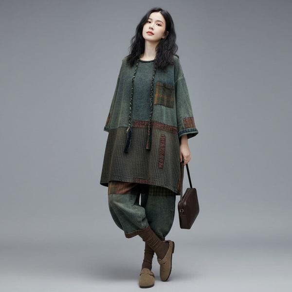 Street 100% Cotton 3/4 Sleeve Round Neck Plaid Dark Blue comfy western oversized plus size lazy day travel resort winery