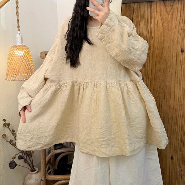 Casual 100% Linen Long Sleeve Round Neck Solid Color Beige Yellow White Watermelon Red comfy tropical hawaiian resort travel oversized slouchy