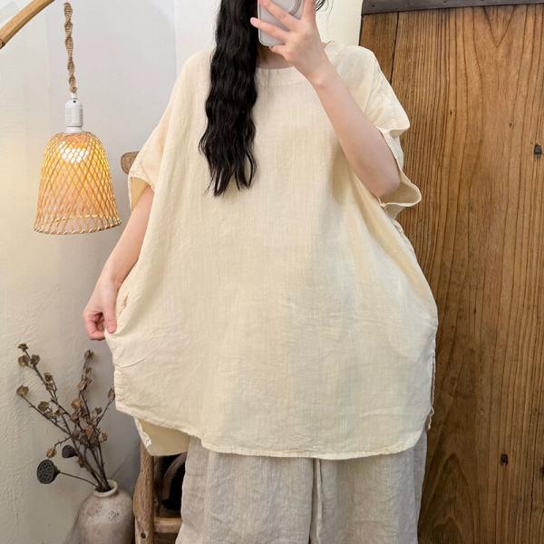 Casual 100% Linen Short Sleeve Round Neck Solid Color Beige Olive Green Khaki White comfy tropical hawaiian cottagecore rustic oversized slouchy lazy day travel resort