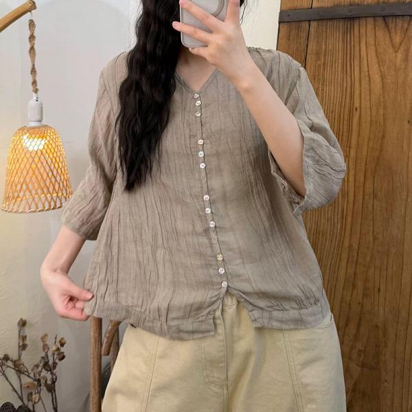 Casual Ramie 3/4 Sleeve V-Neck Solid Color White Gray Flesh Denim Blue Khaki comfy tropical hawaiian oversized