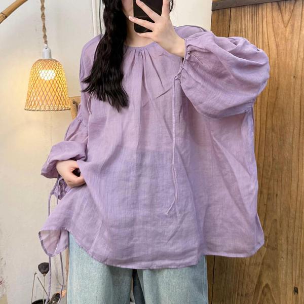 Holiday 100% Ramie Long Sleeve Round Neck Solid Color Lavender Beige Pink Black Dusty Gray Green Thistle comfy oversized travel resort petite tropical hawaiian slouchy lazy day