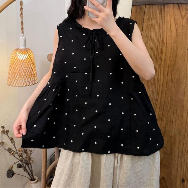 Casual 100% Linen Sleeveless Ruffle Collar Polka Dot Black Beige comfy tropical hawaiian baggy oversized slouchy lazy day