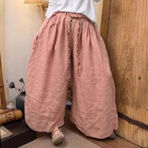 Straps Belt Plain Linen Summer Pants