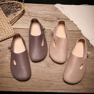 Hollow Out Buckle Leather Wide Toe Flats