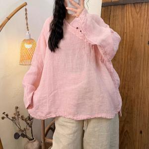 Slanted Buttons Linen Long Sleeves Blouse