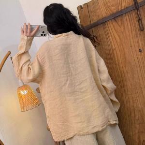 Slanted Buttons Linen Long Sleeves Blouse