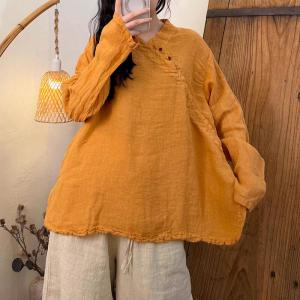 Slanted Buttons Linen Long Sleeves Blouse
