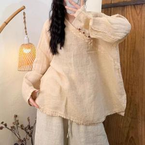Slanted Buttons Linen Long Sleeves Blouse