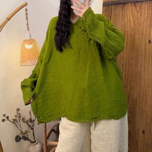Slanted Buttons Linen Long Sleeves Blouse