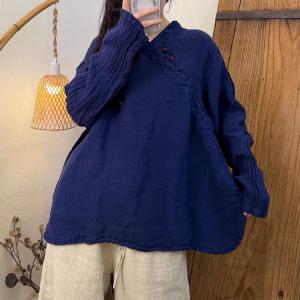 Slanted Buttons Linen Long Sleeves Blouse