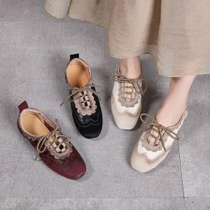 British Style Hollow Out Leather Tied Ballet Flats