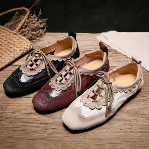 British Style Hollow Out Leather Tied Ballet Flats