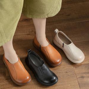 Side Zip Round Toe Leather Comfy Shoes