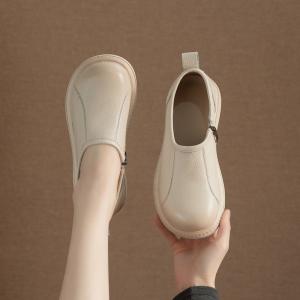 Side Zip Round Toe Leather Comfy Shoes