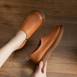 Side Zip Round Toe Leather Comfy Shoes