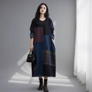 Gingham Patchwork Plus Size Denim Shift Dress