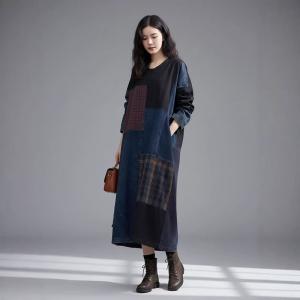 Gingham Patchwork Plus Size Denim Shift Dress