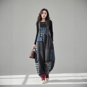 Black and Blue Fringed Patchwork Jean Overalls