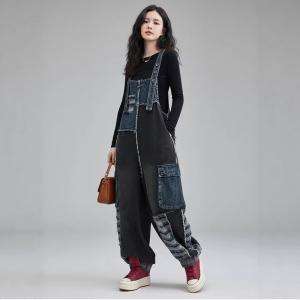 Black and Blue Fringed Patchwork Jean Overalls