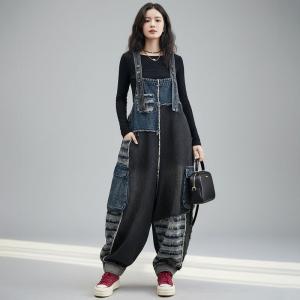 Black and Blue Fringed Patchwork Jean Overalls