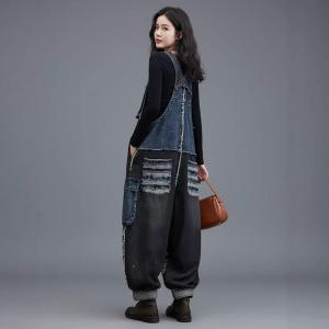 Black and Blue Fringed Patchwork Jean Overalls