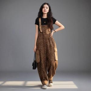 Coffee Leopard Patterns Cotton Casual Overalls