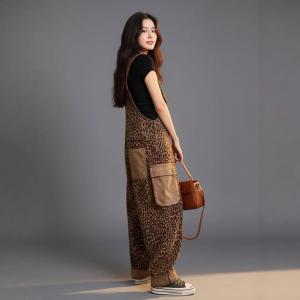 Coffee Leopard Patterns Cotton Casual Overalls