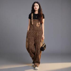 Coffee Leopard Patterns Cotton Casual Overalls