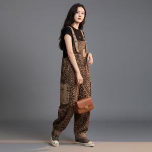 Coffee Leopard Patterns Cotton Casual Overalls