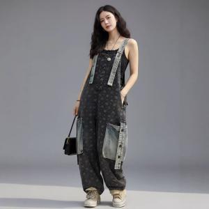 Blue Pockets Black Denim Oversized Dungarees