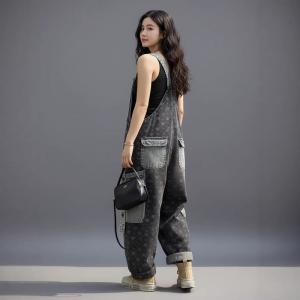 Blue Pockets Black Denim Oversized Dungarees