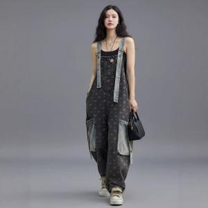 Blue Pockets Black Denim Oversized Dungarees