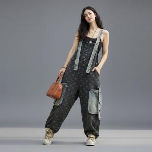 Blue Pockets Black Denim Oversized Dungarees