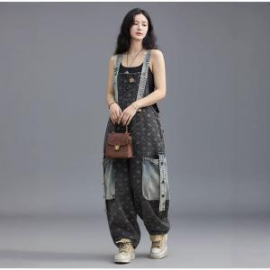 Blue Pockets Black Denim Oversized Dungarees