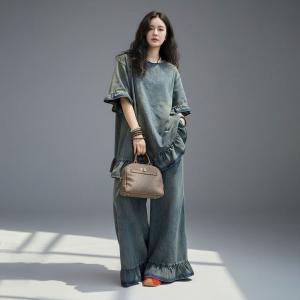 Light Wash Flouncing Tunic with Flare Jean Sets