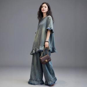 Light Wash Flouncing Tunic with Flare Jean Sets