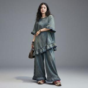 Light Wash Flouncing Tunic with Flare Jean Sets