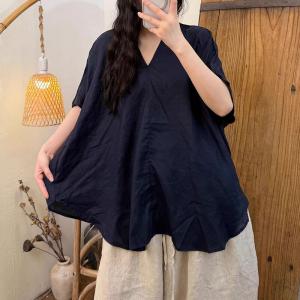 V-Neck Bat Sleeves Linen Cloak Blouse