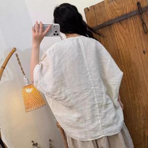 V-Neck Bat Sleeves Linen Cloak Blouse